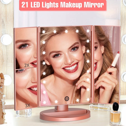 Tri-fold vanity mirror fully open and glowing — warm LED lighting for precise makeup