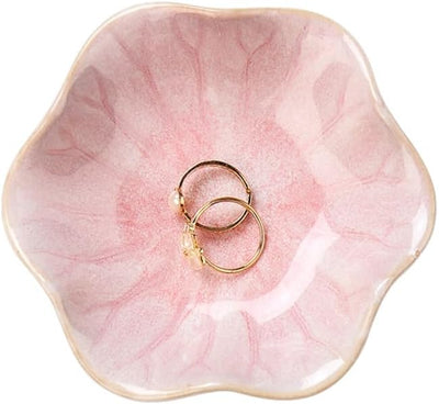 Miraveila Pink Lotus Leaf Ceramic Ring Tray — jewelry dish and key bowl on white