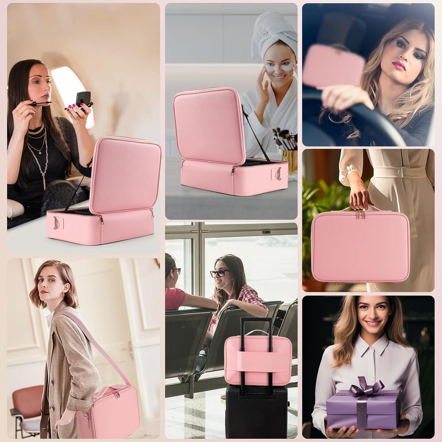 Large Capacity Makeup Bag with LED Mirror - Adjustable Brightness, Travel-Friendly Organizer with Detachable Dividers & Shoulder Strap