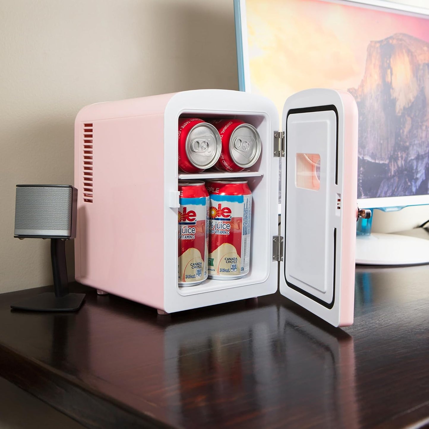 Mini Fridge - Refrigerator for Bedroom, Office, Portable Table Top Beverage Cooler, 12V 110V Refrigerador for Drinks, Soda, Wine, Use in Car, Dorm, Outdoor, Patio, 6 Can