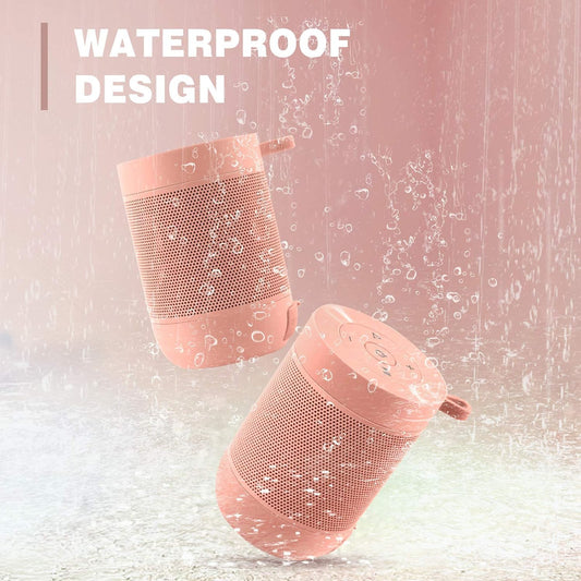 Pink shower speaker mounted in bathroom — IPX5 waterproof for shower or bath use