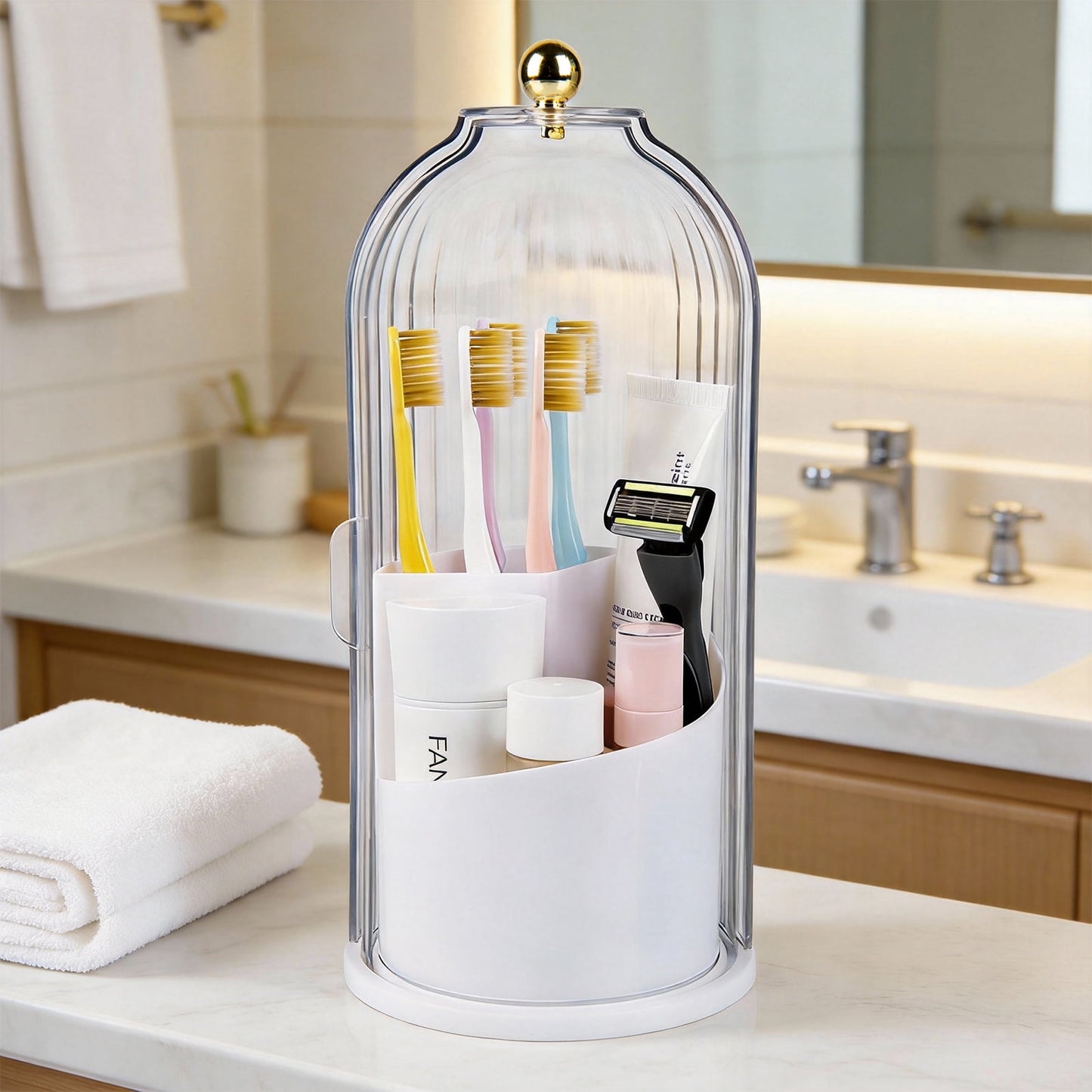 Toothbrush Holders with Sliding Lid, Rotating 3 Slots Bathroom Organizer Countertop, Tooth Brush Toothpaste Holder Bathroom Counter Stand Sink Organizer Caddy for Vanity Makeup Brushes Holder