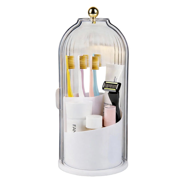 Toothbrush Holders with Sliding Lid, Rotating 3 Slots Bathroom Organizer Countertop, Tooth Brush Toothpaste Holder Bathroom Counter Stand Sink Organizer Caddy for Vanity Makeup Brushes Holder