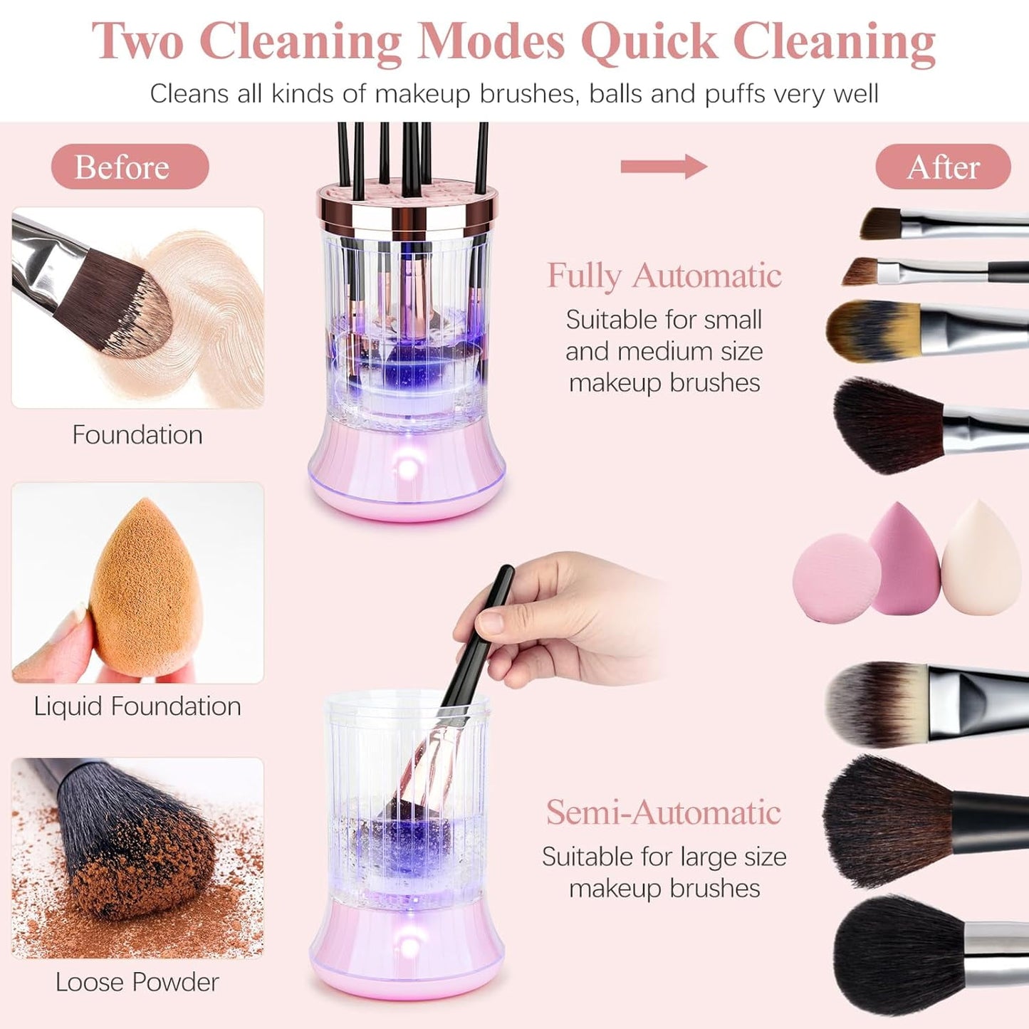 Pink Electric Brush Cleaner with collar accessories — full size range displayed