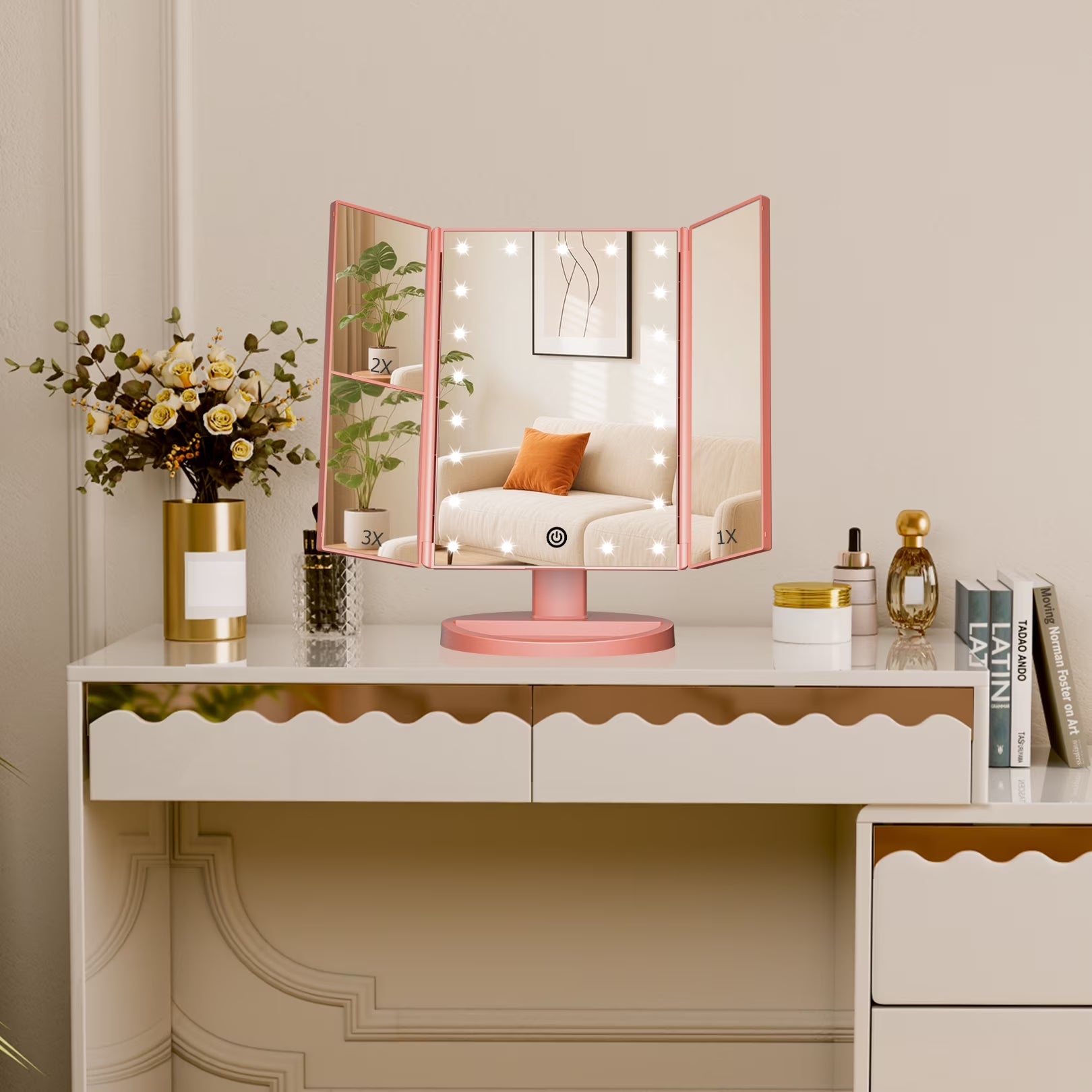 Tri-Fold Makeup Mirror with Lights, 2X/3X Magnifying Makeup Mirror, Touch Control Vanity Mirror, Usb/Battery Powered Table Mirrors