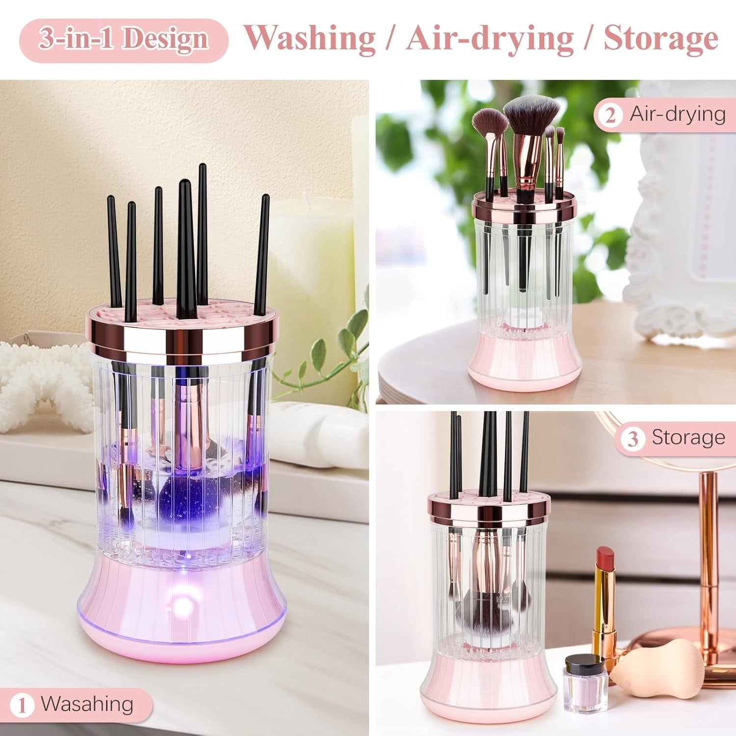 Pink brush cleaner spinning makeup brush — pigment removed in seconds