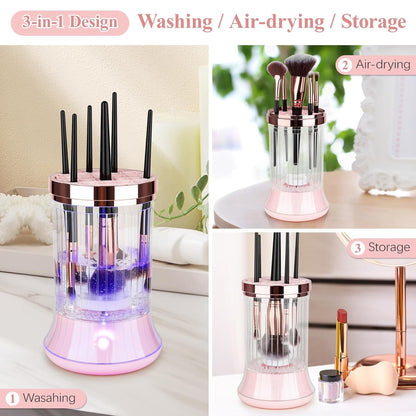 Pink brush cleaner spinning makeup brush — pigment removed in seconds