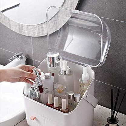 Clear lid closing on Miraveila organizer — dustproof seal for vanity storage