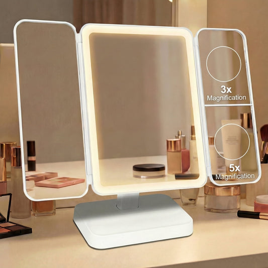 Miraveila Trifold LED Makeup Mirror — 3X 5X magnification with adjustable lighting