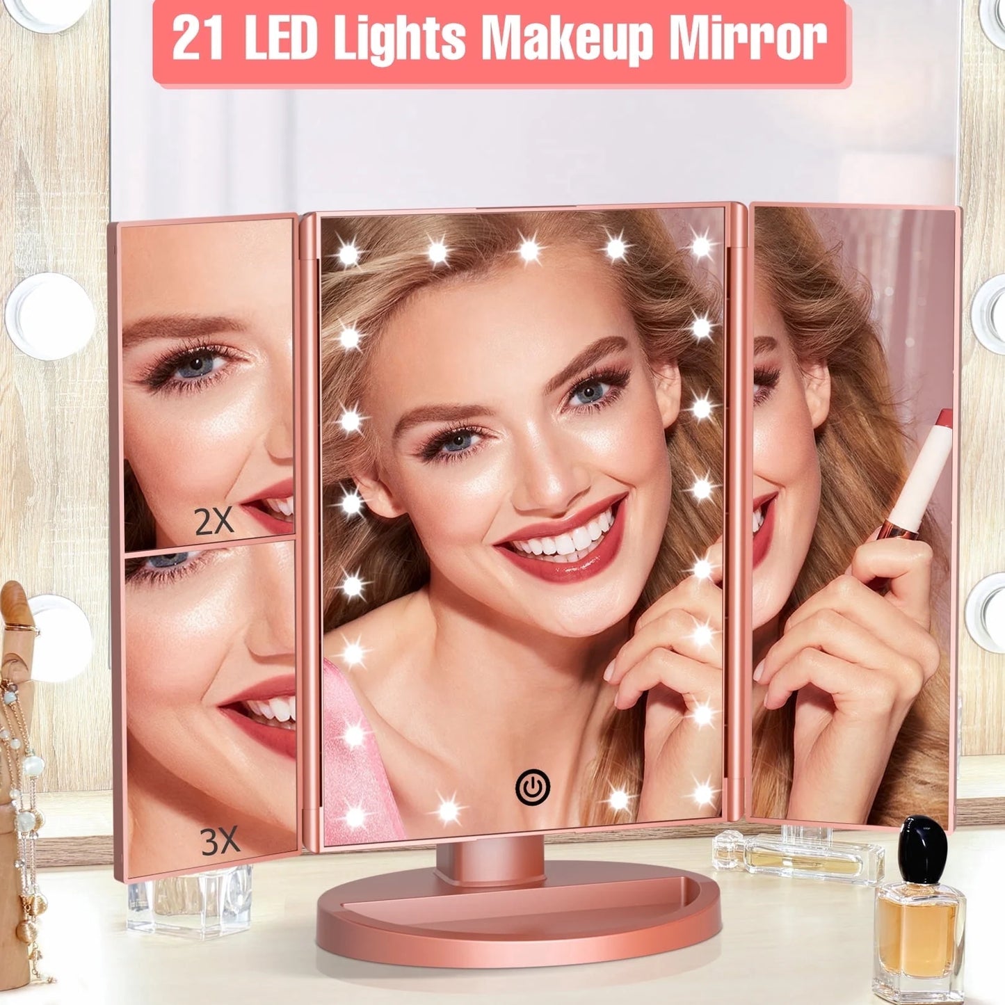 Tri-fold vanity mirror fully open and glowing — warm LED lighting for precise makeup