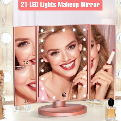 Tri-fold vanity mirror fully open and glowing — warm LED lighting for precise makeup
