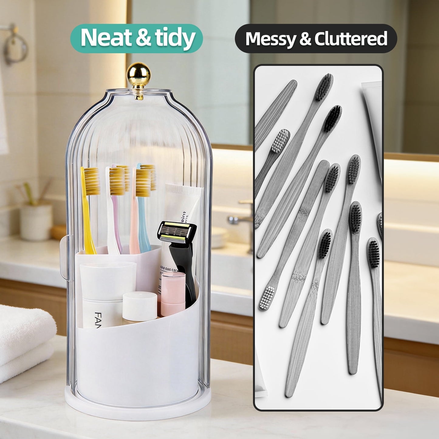 Miraveila Bell Jar Organizer on vanity — brushes stored with lid closed