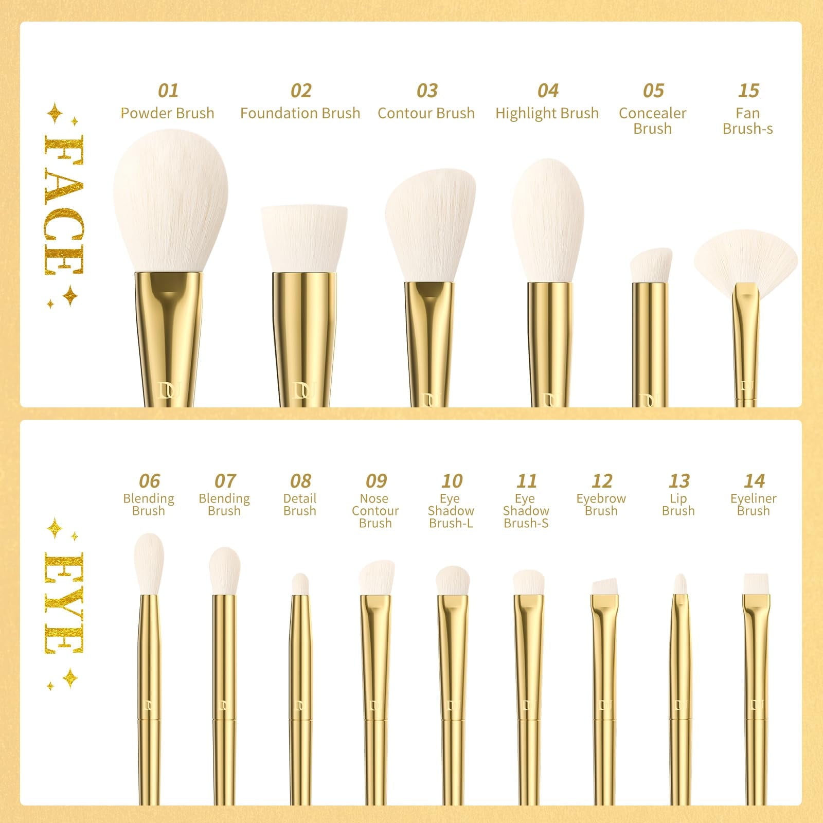 Gold makeup brushes fanned out — all 15 professional brushes in gold-silver design