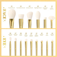 Gold makeup brushes fanned out — all 15 professional brushes in gold-silver design