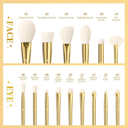 Gold makeup brushes fanned out — all 15 professional brushes in gold-silver design
