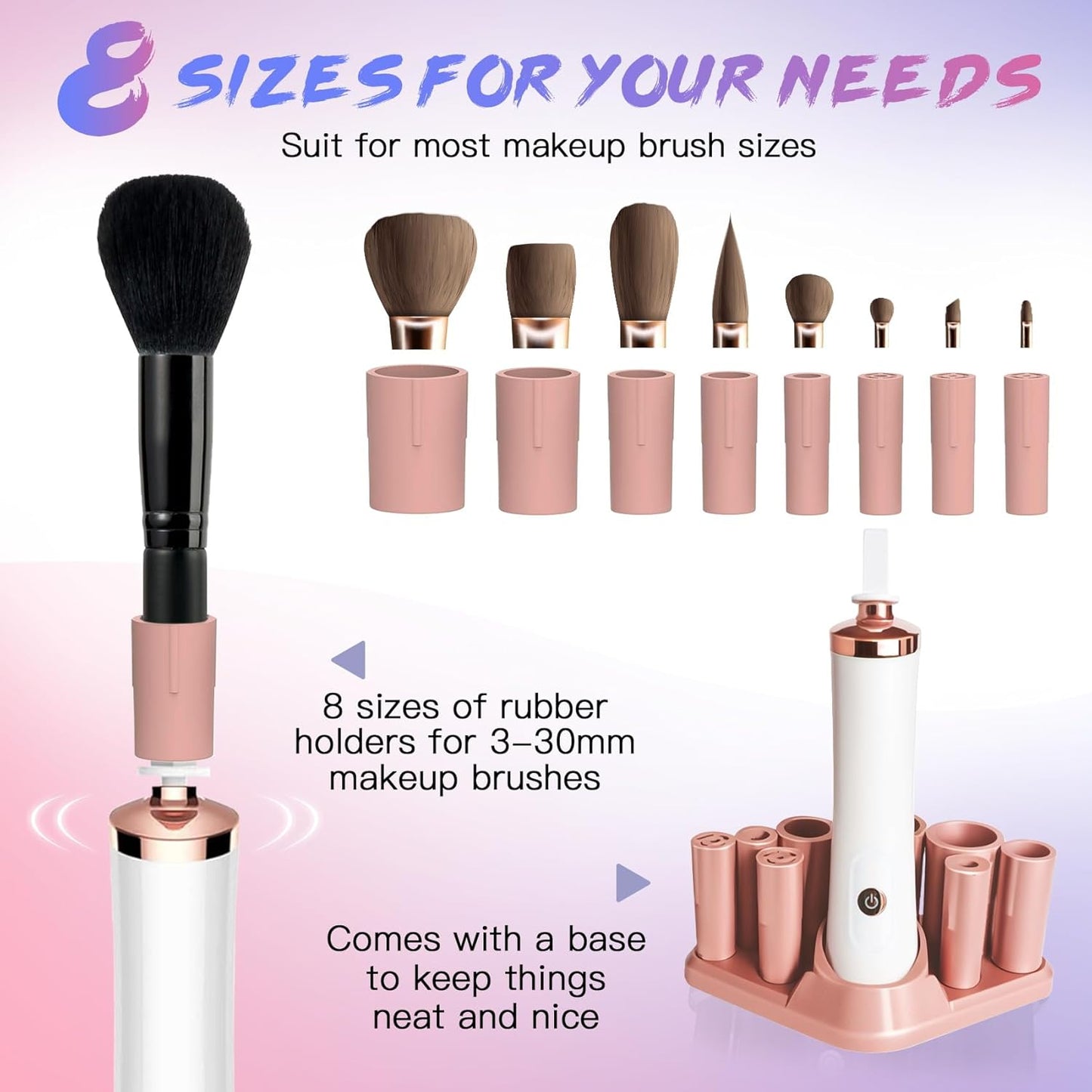 Auto Brush Cleaner with all collar sizes — full accessory set laid out
