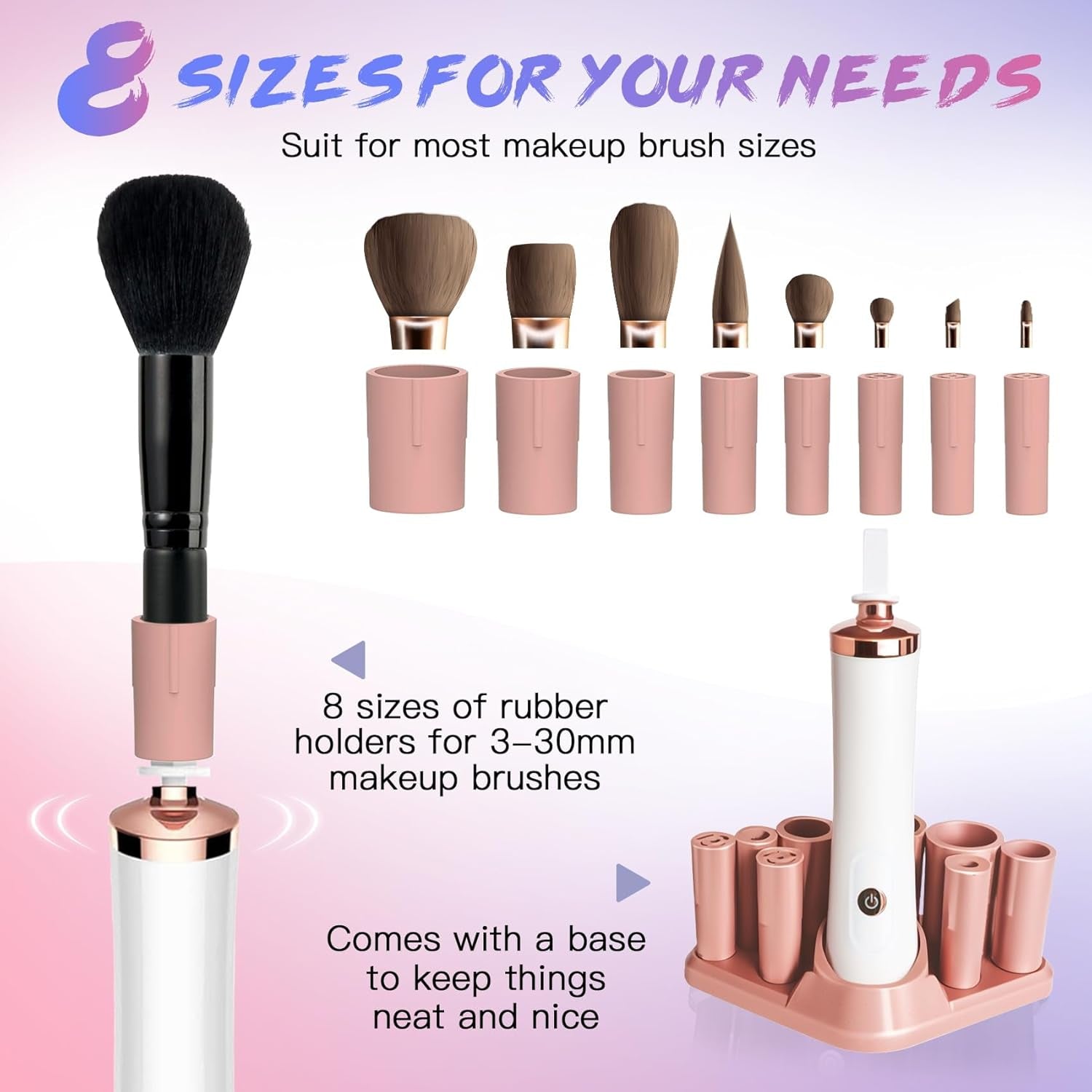 Auto Brush Cleaner with all collar sizes — full accessory set laid out