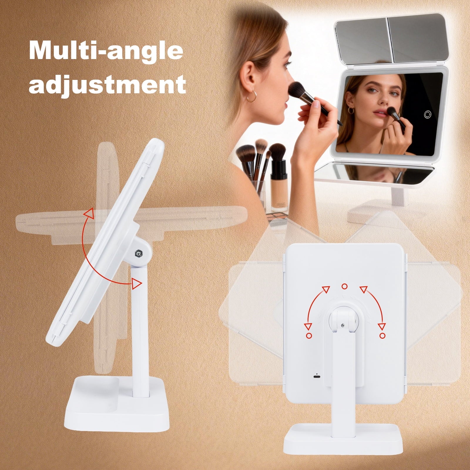 Trifold mirror folded flat — slim profile for countertop or travel storage