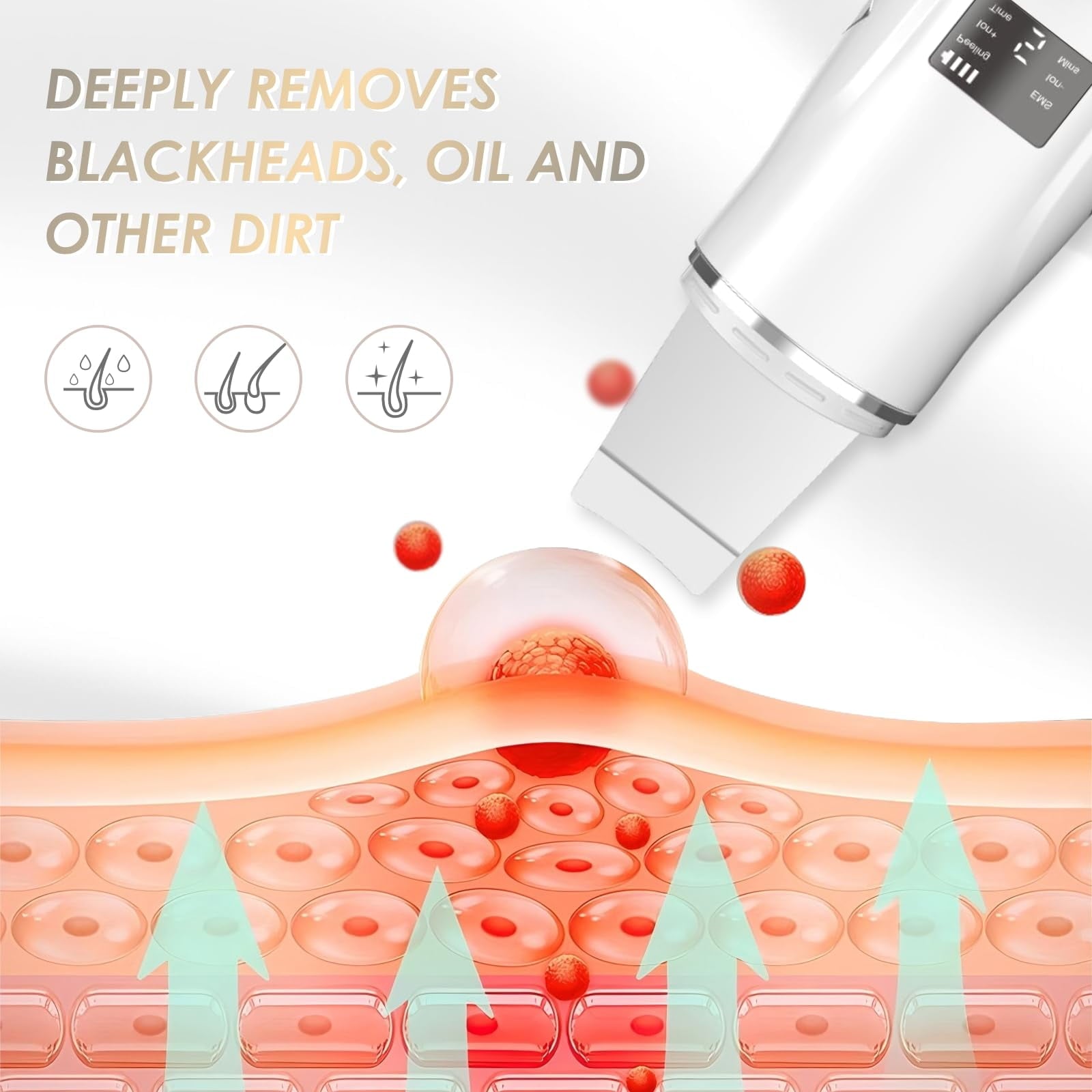 Skin spatula used on nose — ultrasonic vibration lifting blackheads from pores