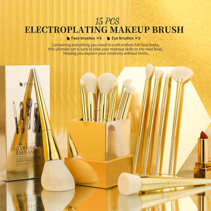 Makeup Brushes 15 Pcs,  Powder Foundation Contour Blush Concealer Eye Shadow Blending Liner Make up Brush Kit Gold-Silver