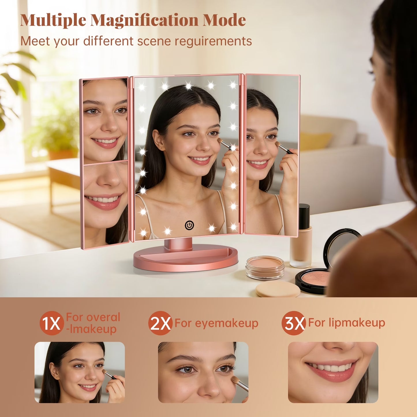 Tri-fold mirror folded shut — slim compact travel-friendly vanity design