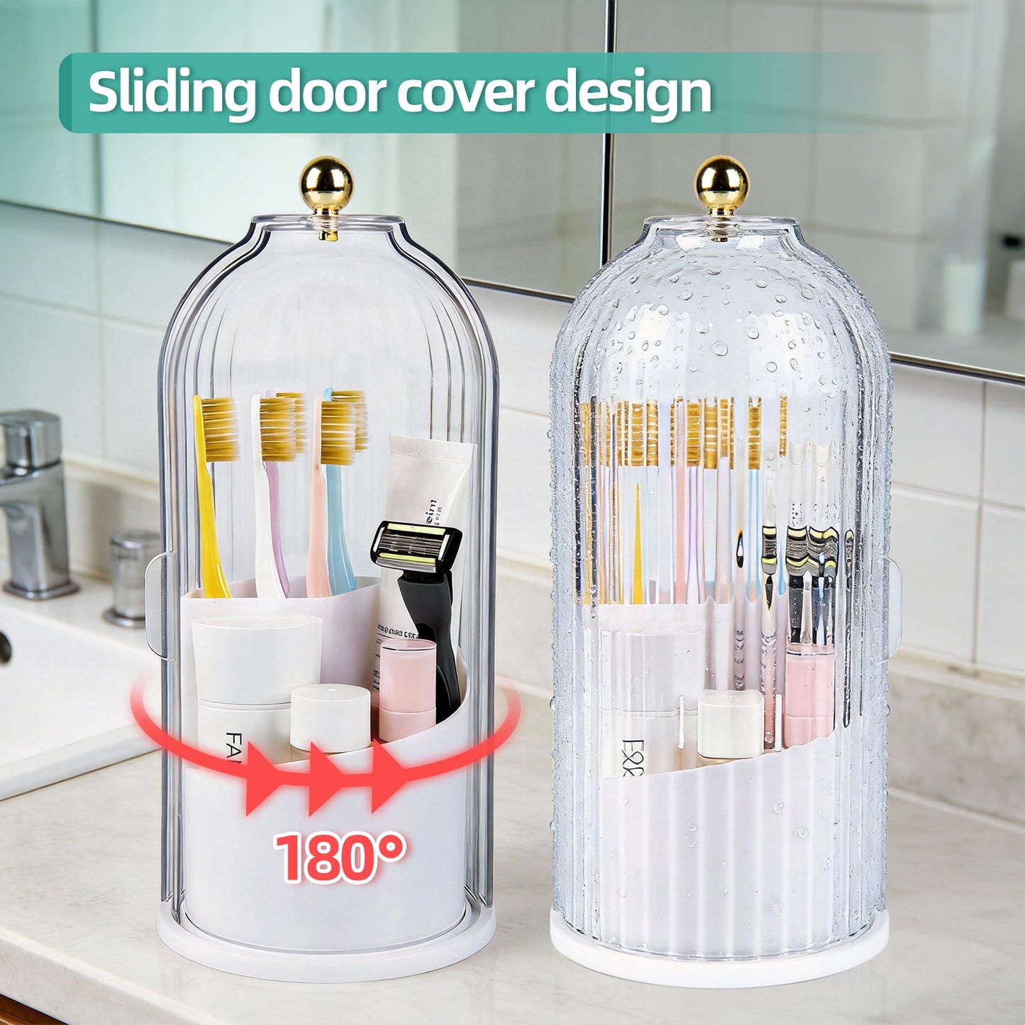 Bell jar organizer open with makeup brushes inside — rotating base for easy access