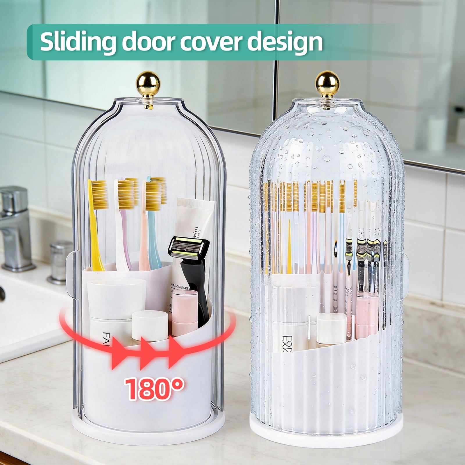 Bell jar organizer open with makeup brushes inside — rotating base for easy access