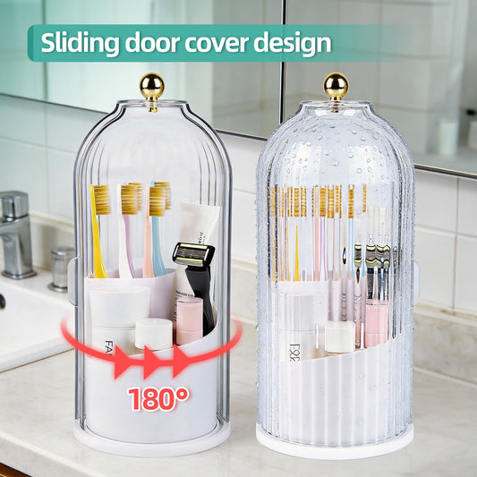 Bell jar organizer open with makeup brushes inside — rotating base for easy access