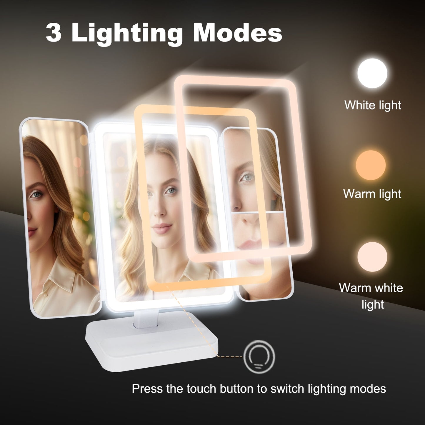 Miraveila LED Trifold Mirror on vanity — professional lighting for flawless makeup