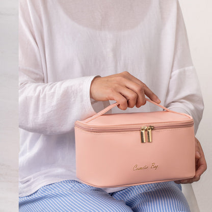 Preppy Makeup Bag Travel Cosmetic Bags Small for Women Girls Zipper Pouch Case Organizer Waterproof Cute (Beige)