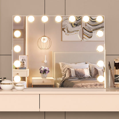 LED bulbs on Hollywood mirror frame close-up — warm daylight and cool white modes