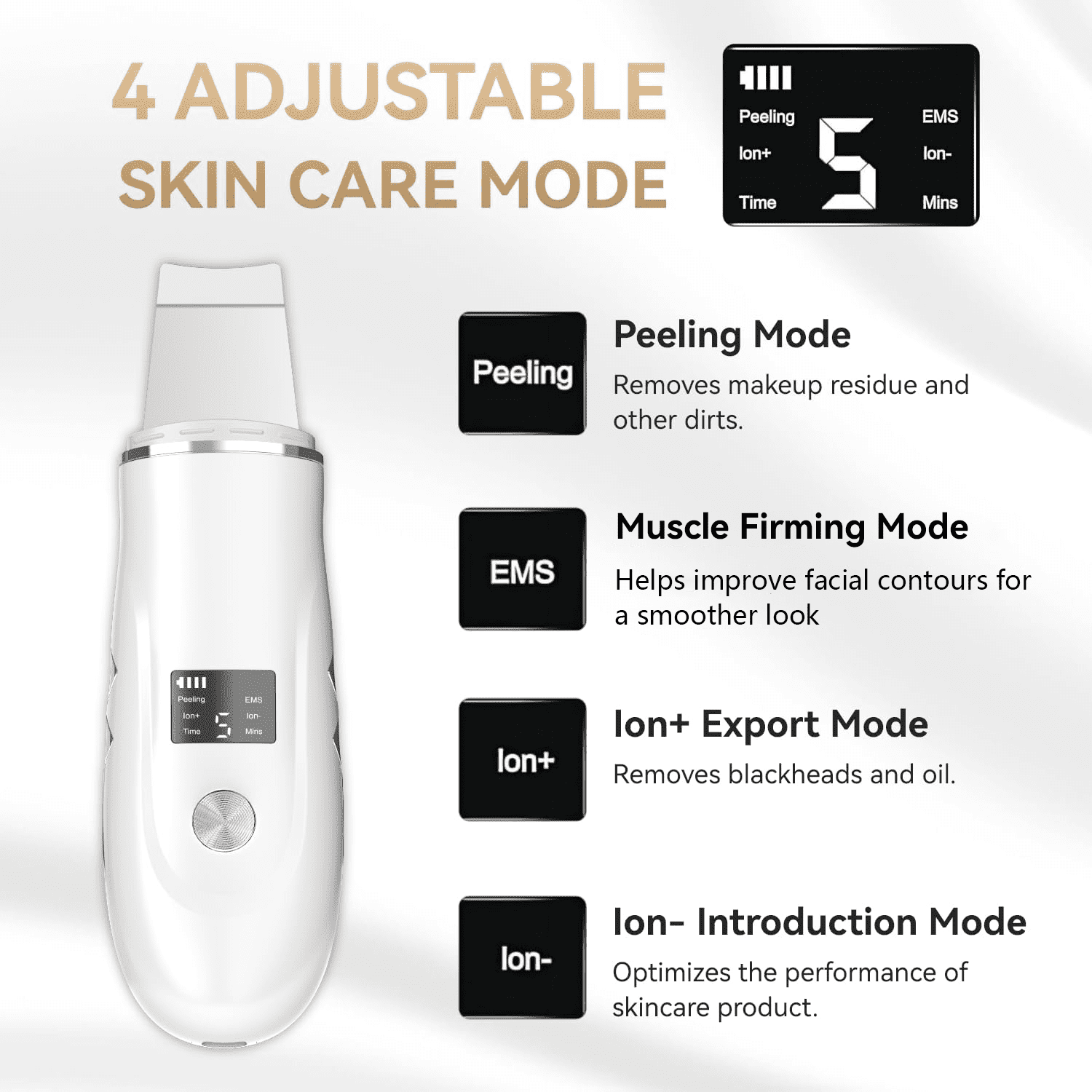 Ultrasonic Skin Spatula showing all 4 modes — exfoliate lift scrub and hydrate