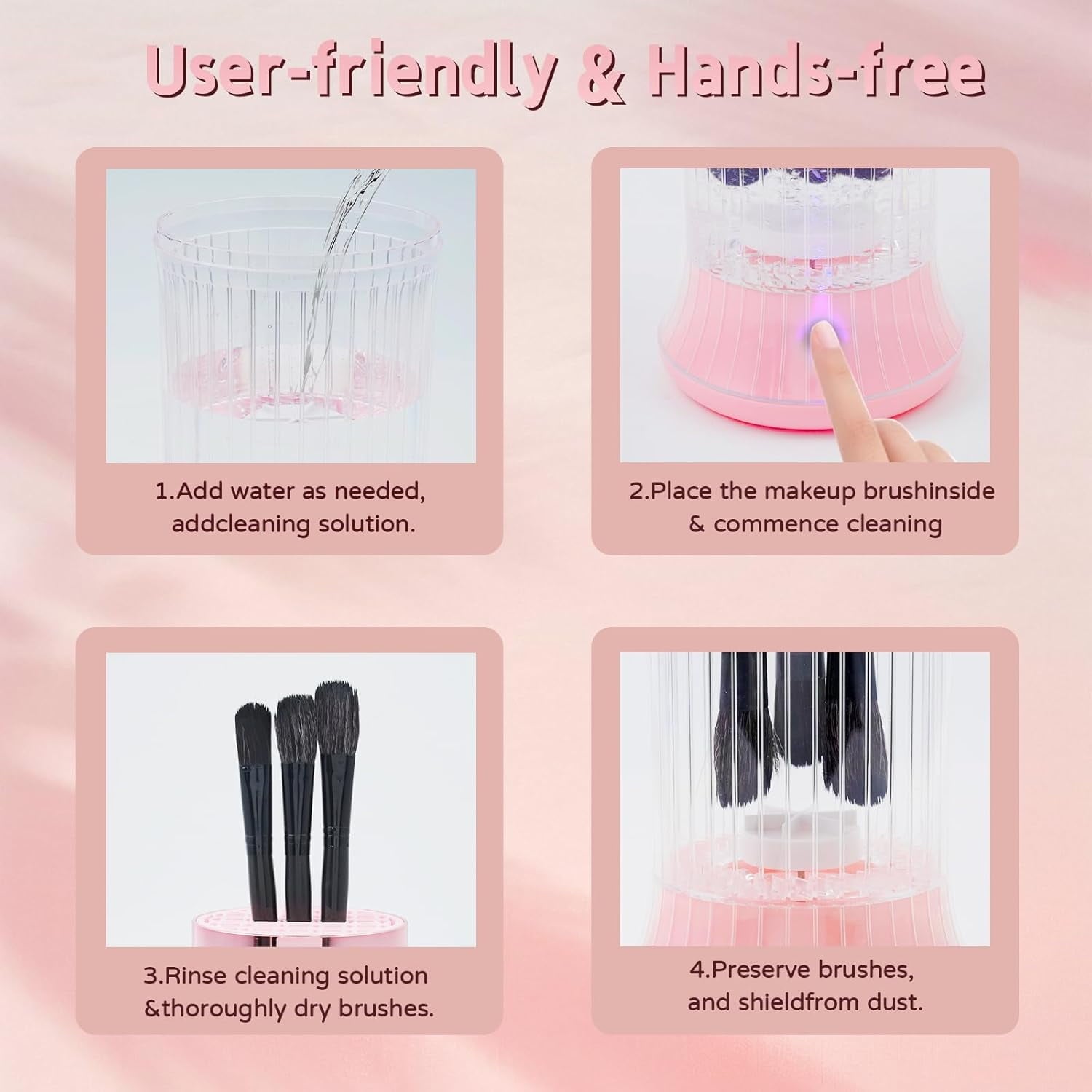 Makeup Brush Cleaner, Electric Makeup Brush Washer Machine with Touch Screen Wash and Dry in One No Damage the Bristles for All Size Brushes and Sponges, Gift for Women Wife, Pink