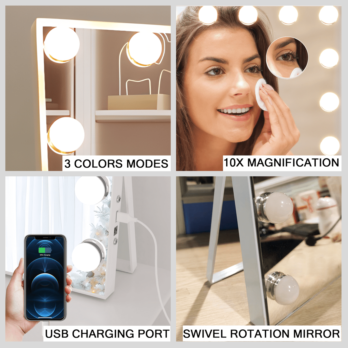Hollywood Vanity Mirror with Lights, Vanity Makeup Mirror with 15 LED Bulbs, 3 Color Lighting Modes, USB Port, Smart Touch Control