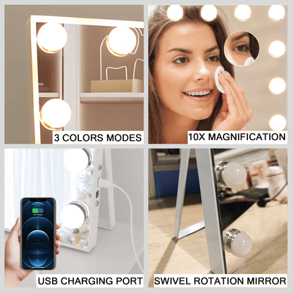 Hollywood Vanity Mirror with Lights, Vanity Makeup Mirror with 15 LED Bulbs, 3 Color Lighting Modes, USB Port, Smart Touch Control