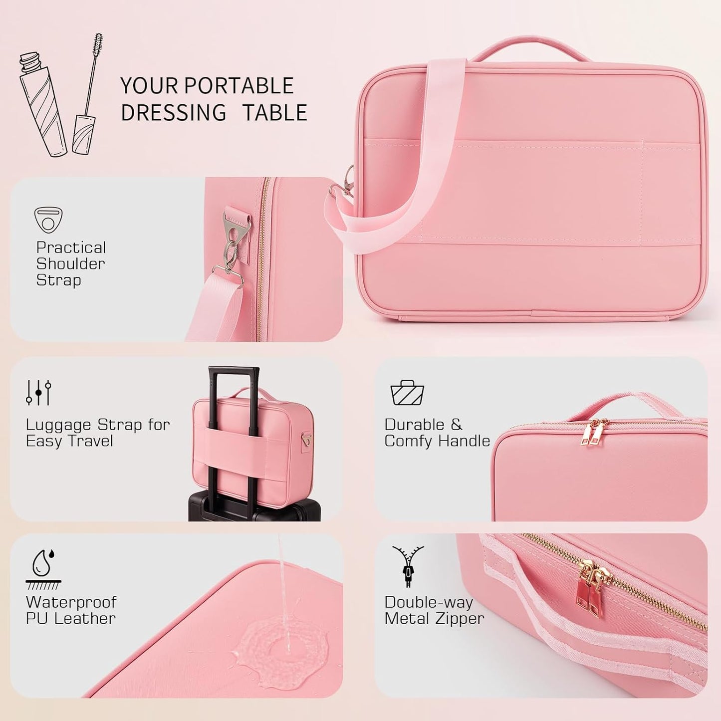 Large Capacity Makeup Bag with LED Mirror - Adjustable Brightness, Travel-Friendly Organizer with Detachable Dividers & Shoulder Strap