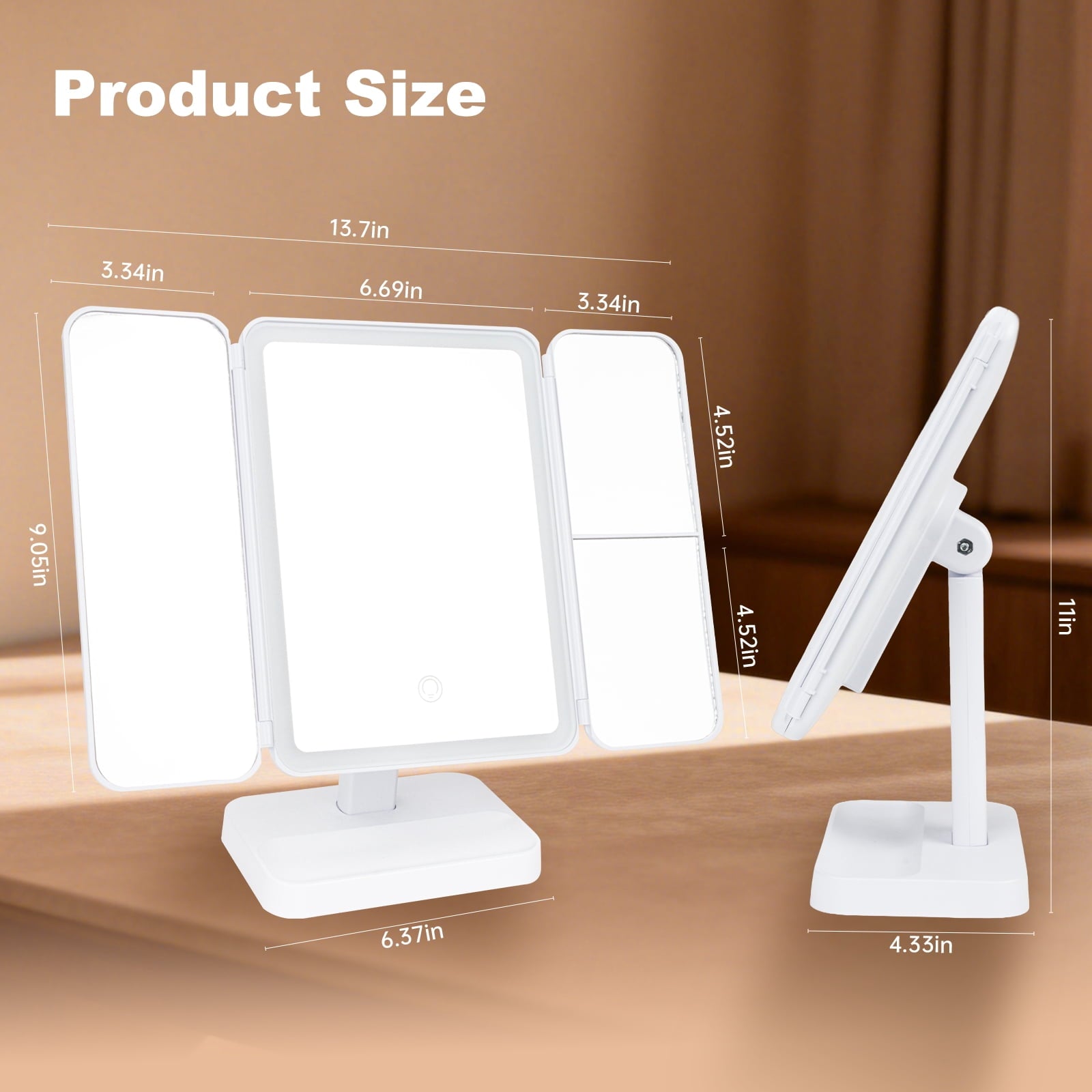 Trifold LED mirror open at angle — warm to cool adjustable light spectrum