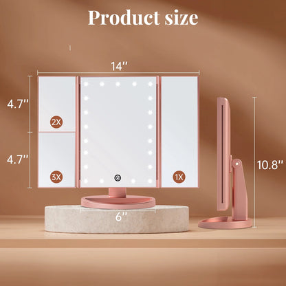 Tri-Fold Makeup Mirror with Lights, 2X/3X Magnifying Makeup Mirror, Touch Control Vanity Mirror, Usb/Battery Powered Table Mirrors