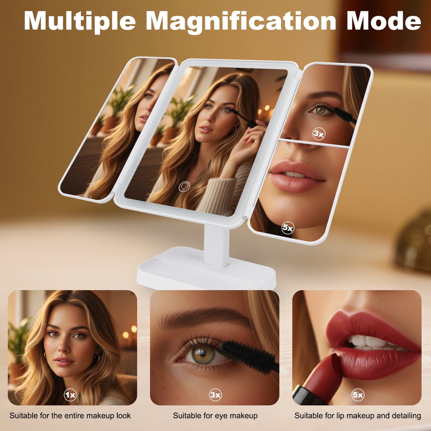 3X5X Magnifying Trifold LED Makeup Mirror with Adjustable Angles & Customizable Lighting