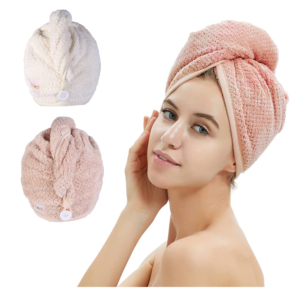Miraveila 2-Pack Microfiber Hair Towel Wrap — anti-frizz with button closure