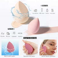Beauty sponge blending foundation on skin — seamless airbrushed finish technique