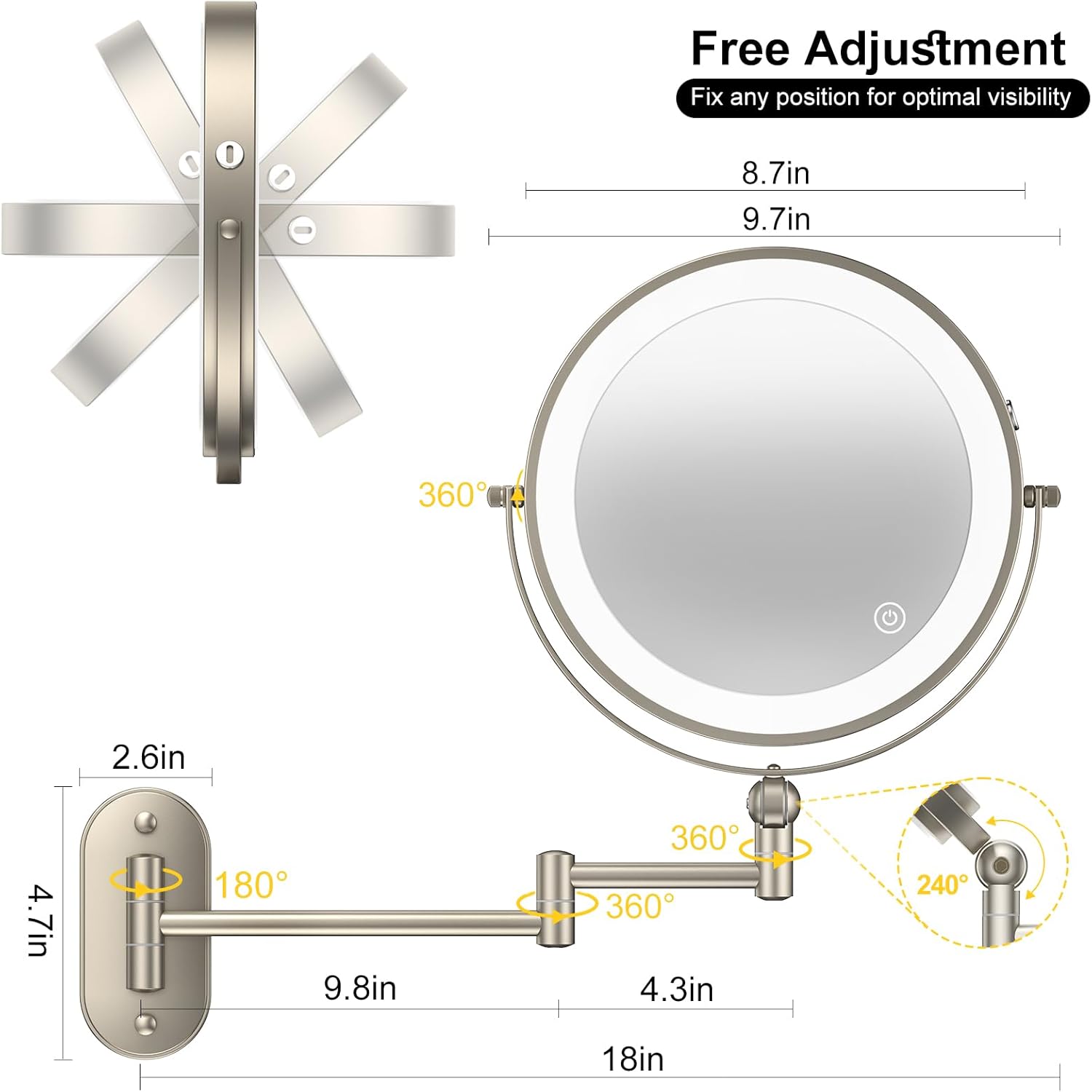 9" Wall Mounted Lighted Makeup Mirror,4000Mah Rechargeable Double Sided 1X/10X Magnifying Mirror with Light,3 Color Lights,Touch Dimmable,Extended Arm 360 Rotation Wall Mounted Makeup Mirror