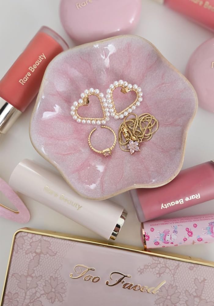 Lotus tray holding rings and earrings — jewelry organized on vanity display