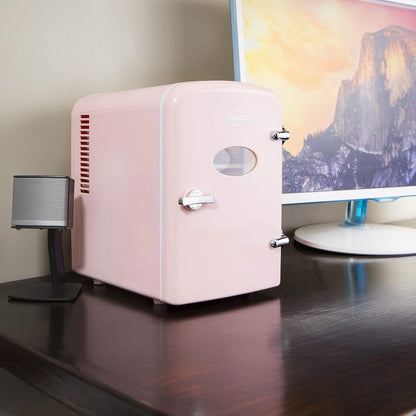 Pink mini fridge open showing skincare products — serums and sheet masks stored inside