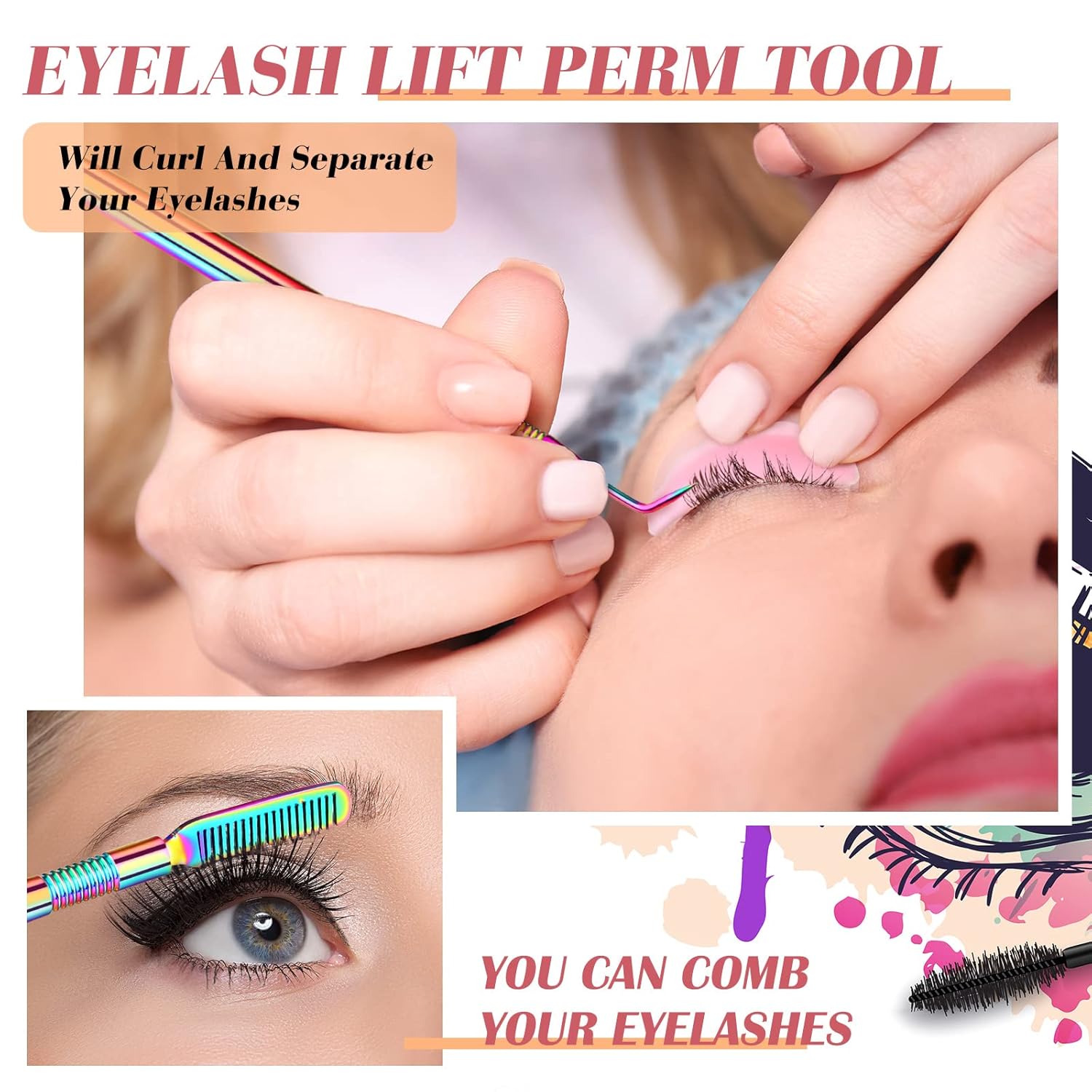 Lash lift kit contents laid out — rods, shields, lifting lotion and setting solution
