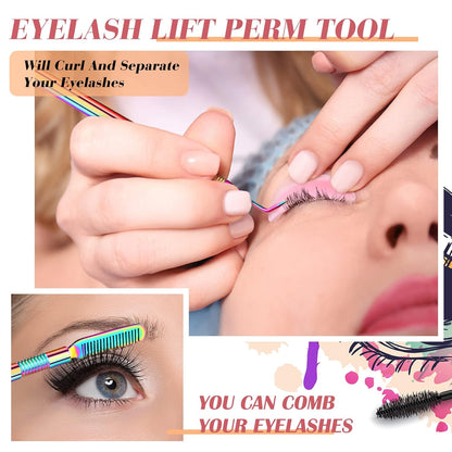 Lash lift kit contents laid out — rods, shields, lifting lotion and setting solution