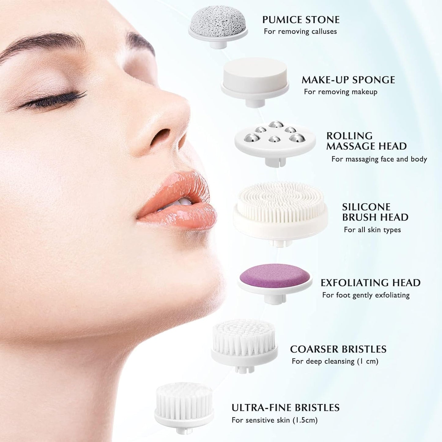 7-in-1 brush system with all head attachments — exfoliating massage and cleansing modes