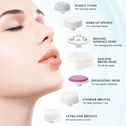 7-in-1 brush system with all head attachments — exfoliating massage and cleansing modes