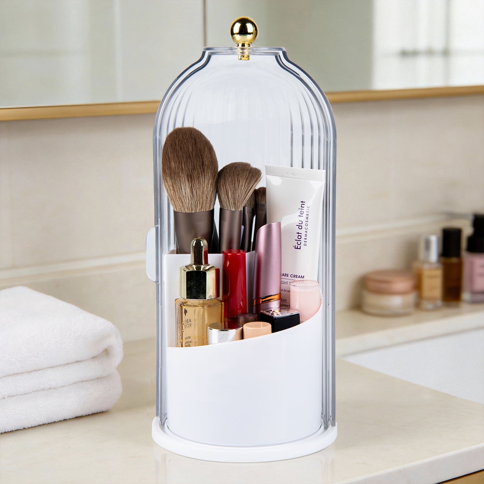Toothbrush Holders with Sliding Lid, Rotating 3 Slots Bathroom Organizer Countertop, Tooth Brush Toothpaste Holder Bathroom Counter Stand Sink Organizer Caddy for Vanity Makeup Brushes Holder