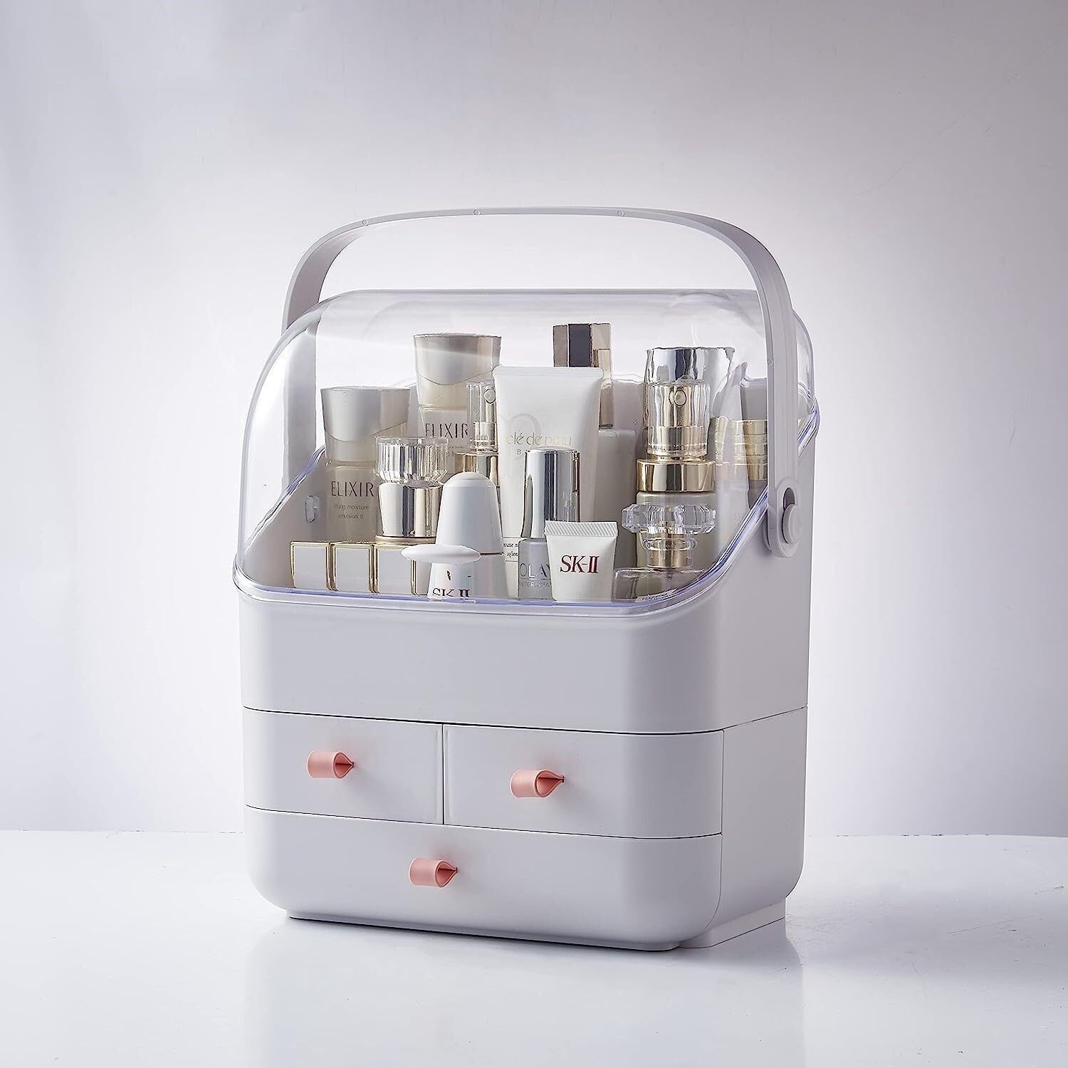 Makeup organizer from above — full interior compartment view on bathroom counter